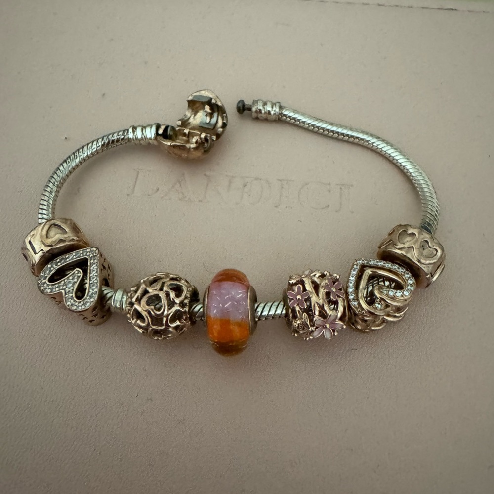 Pandora Gold and Silver Bracelet with Heart and Floral Charms